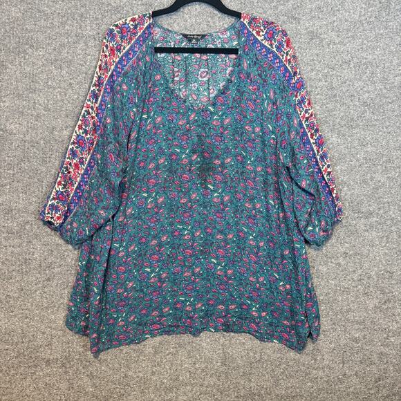 Lucky Brand Shirt Womens 2XL XXL Blue Floral Vneck Bohemian 3/4 Sleeve Plus Sz - Picture 1 of 8